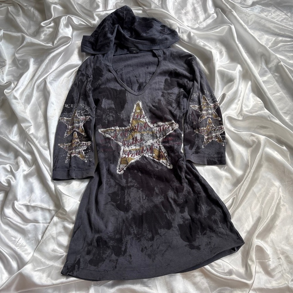 y2k grunge Hoodie Top Charcoal Sledge USA Star Graphic Acid Wash XL